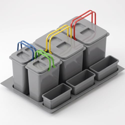 FurniFit Système de Tri Sélectif Cuisine pour Meuble de 80 cm 4 Bacs 72,5x49x40 cm (2x 20L + 2x 9L) avec Couvercle Poubelle Encastrable pour Tiroirs Set de Bacs à Ordures Argenté