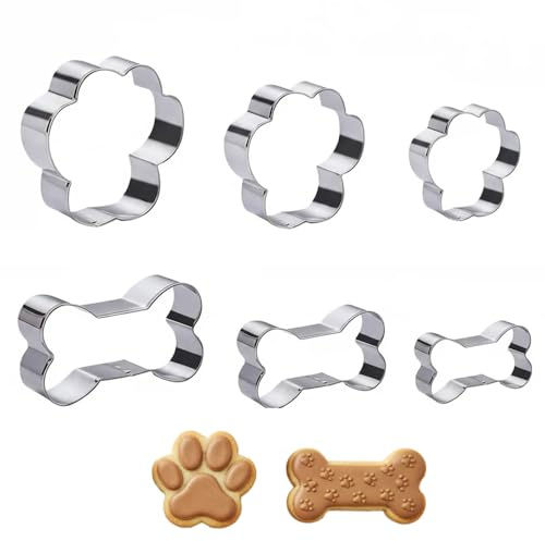 6Pcs Dog Cookie Cutter Set, Stainless Steel Bone & Paw Print Biscuit Cutters for Baking, Fondant, Dough, Cake Decorating Tools for DIY Pet Treats & Baking