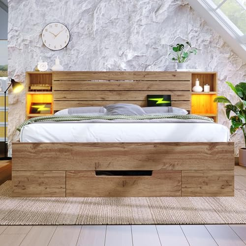Doppelbett Massivholzbett 160/180×200 cm mit Stauraum, Eiche, inkl. Matratze und Lattenrost – Modernes Bettgestell mit Schubladen, Stauraum und einzigartigem Kopft (180x200 cm, Metal & Wood)