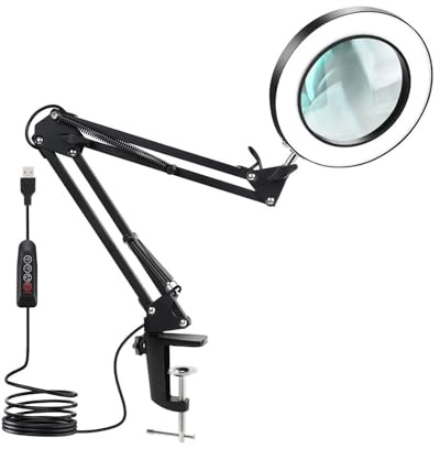 LED Lupe Lampe 10X, Lupenlampe mit 3 Farbmodi und Dimmbare Helligkeit, Lupenleuchte mit Klemme aus Aluminium und Verstellbarem Schwenkarm, Tisch Lupe für Lesen, Reparatur und Handarbeit, Schwarz