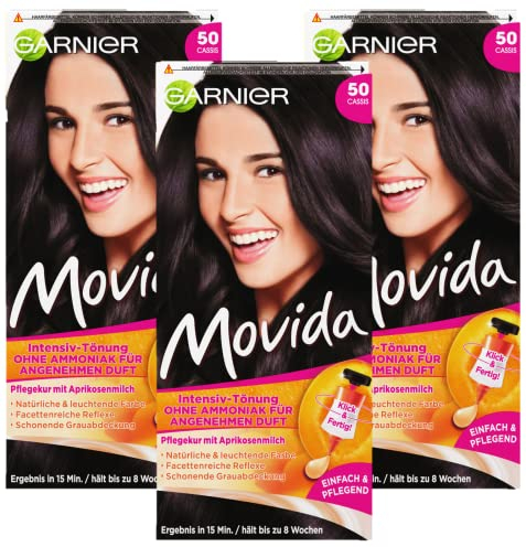 Garnier Tönung, Pflege-Creme, Intensiv-Tönung Haarfarbe, für leuchtende Farben, auch für graues Haar, ohne Ammoniak, Movida, 50 Cassis, 3er Pack Haarcoloration-Set