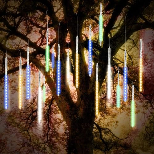 Vikdio Luci di Natale da esterno, Pioggia di Meteoriti Luminosi 10 Tubi a Spirale da 30cm con 300 LEDs, Lunghezza di 3,15m, Luci ghiaccio impermeabili per Decorazioni natalizie all'aperto, Multicolore