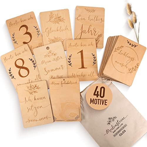 OLGS Holz Meilensteinkarten Baby | 40 Meilensteine mit Stoffbeutel | Geschenkidee für werdende Mütter, Schwangere, Geburt, Babyparty | Hallo Welt, 20 Holzscheiben beidseitig graviert - DIN A6