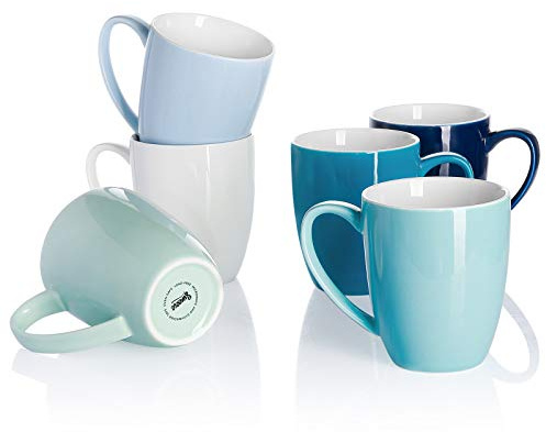 Sweese Porcelain Coffee Mugs - 12 Ounce - Set of 6, Cups for Latte, Hot Tea, Cappuccino, Mocha, Cocoa, Multicolor, Blue Assorted Colors