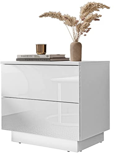lukmebel Nachttisch LINA 55x49x37 cm- LED Beleuchtung - Nachtkästchen - Weiß/Weiß Hochglanz - Push to Open - Nachtschrank - Beistelltisch mit Schublade - Schlafzimmerschrank