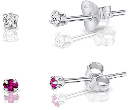 DTPsilver® 2 Pares de Semental Pendientes/Aretes de Plata de Ley 925 con Cristales Swarovski® Elements Minúsculos Redondos - Diámetro: 2 mm - Color: Cristal Claro + Fucsia