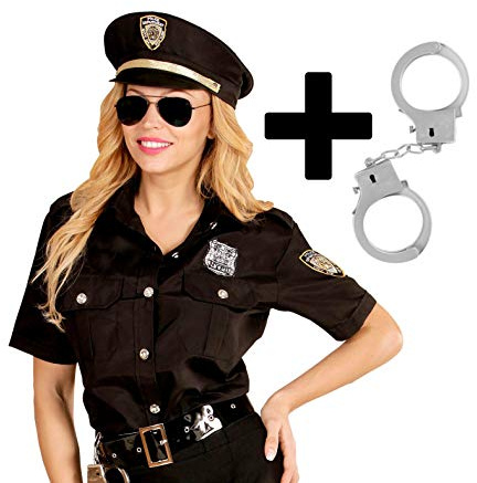 shoperama Damen Kostüm Police Officer Bluse + Mütze + gratis Handschellen Cop Polizistin JAG
