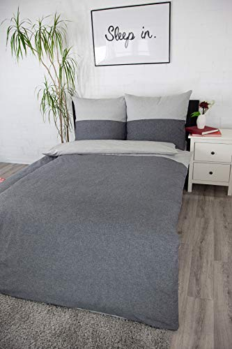 jilda-tex Biber Bettwäsche Melange 135x200 cm + 80x80 cm 100% Baumwolle Feinbiberbettwäsche Edel-Flanell Verschiedene Größen/Farben (Dunkelgrau/Streifen Hellgrau, 140 x 200 cm)