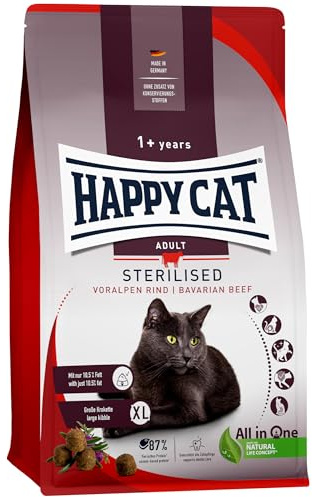 Happy Cat Sterilised Katzenfutter Voralpen-Rind kastriert, 4 kg | Katzenfutter für kastrierte Katzen und Wohnungskatzen mit Voralpen-Rind, 87 % tierisches Protein, 10,5 % Fett, Krokette XL