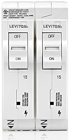 Leviton LSPD1 Dispositif de protection contre les surtensions avec deux disjoncteurs à branchement standard 15 A 1 pôle, hydraulique, magnétique, 120/240 VAC, blanc
