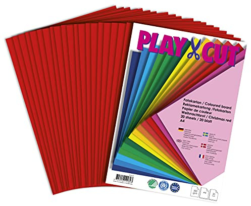 PLAY-CUT Fotokarton A4 Set Weihnachtsrot (300g/m2) | 20 Bogen Din A4 Foto Karton Bunt | Dickes Foto Papier | Premium Druckerpapier Dicke Stärke | Karton zum Basteln Drucken
