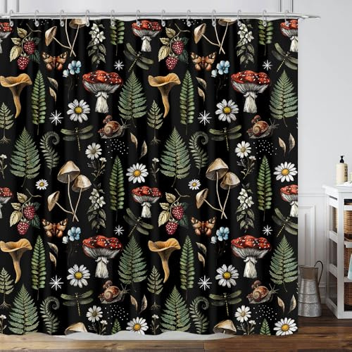GOAOK Vintage Pilz Boho Duschvorhang, Magische Fee Hexe Wald Natur Pflanze Duschvorhang Set, Hippie Botanische Blumen Ästhetik Stoff Wasserdicht Duschvorhang 182,9 x 182,9 cm Schwarz