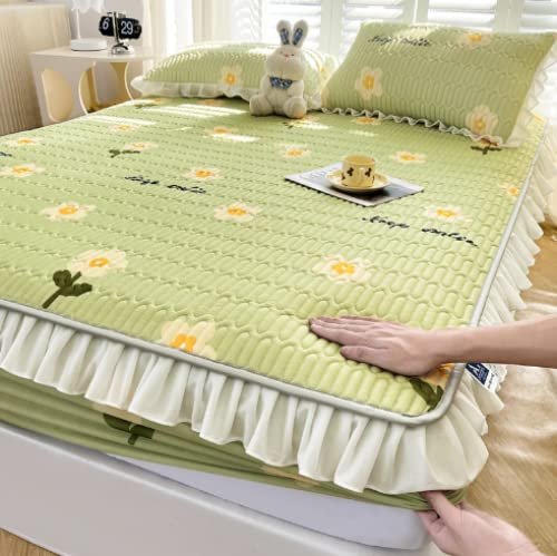 FCLDESHOP In vielen Größen und Farben,Sommerverdickter Latex-Bettbezug aus kühler Seide, bequemer Cartoon-Druck-Matratzenaufleger mit tiefen Taschen, dunkelgrün, 180 cm x 200 cm (71 x 79 Zoll)