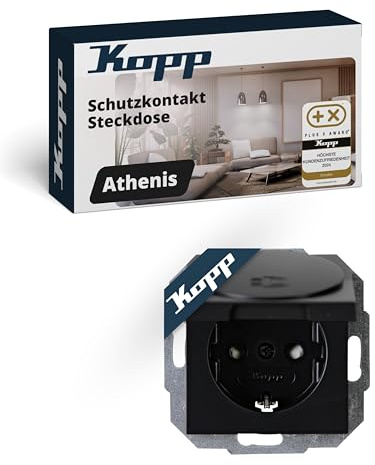Kopp Athenis jordkontaktuttag med lock, 1-vägs med kontaktskydd, 16 A, 250 V ~, IP20, svart, matt yta, 940150089