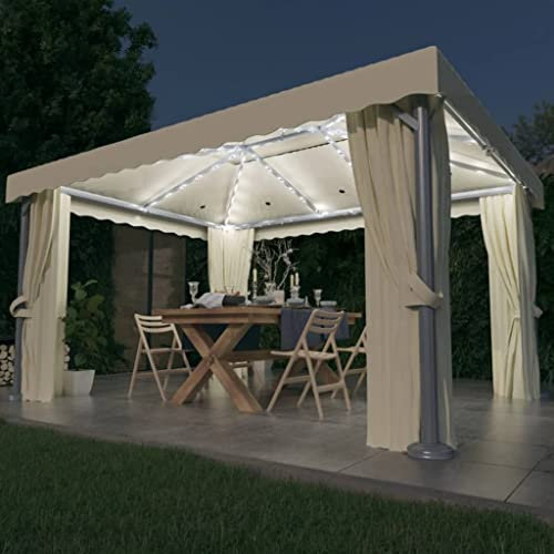 FIRBNUS Cenador con Cortina y Tira de Luces LED Aluminio Crema 4x3 m Cenadores Terraza Exterior Cenadores para Jardin Toldos para Patio Pergolas De Jardin Ideal para Cualquier Evento Al Aire Libre