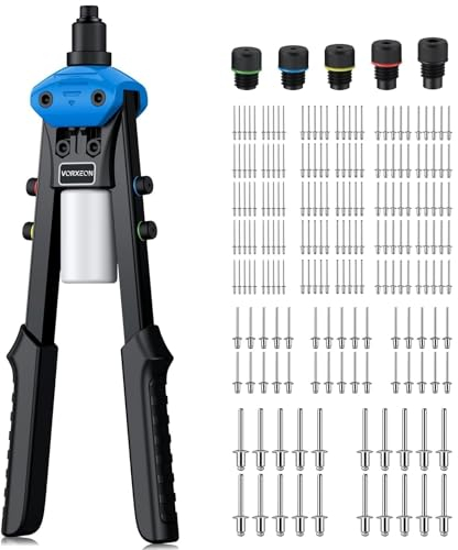 VORXEON Rivettatrice a Pistola Professionale per Rivetti, Rivettatrice Manuale Rivettatura in Alluminio con Set 200PCS Rivetti per 5Dimensioni Rivetti da 2.4mm 3.2mm 4.0mm 4.8mm 6.0mm 6.4mm