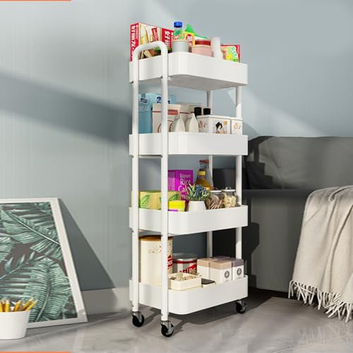 4-stöckiger Eisen-Aufbewahrungswagen mit 360° drehbaren Rädern, ideal für Küche, Schlafzimmer, Wohnzimmer, Mehrzweck-Roll-Organizer für bequeme Aufbewahrung zu Hause (weiß)