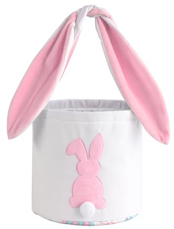 MONOBLANKS Easter Bunny Basket Bags Carrying Gift and Eggs Hunt Bag,Rabbit Canvas Toys Bucket Tote (A-Pink)