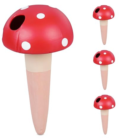 Relaxdays Tonkegel Bewässerung, 4er Set, je 100 ml, Gießhilfe Zimmerpflanzen, Pilz-Design, Tonspitzen, terrakotta/rot