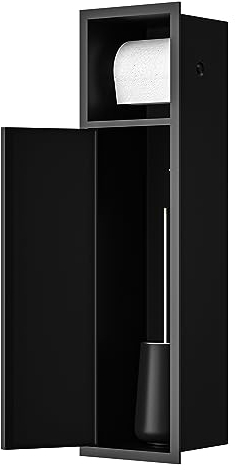 Bernkot Módulo de armario empotrado de acero inoxidable para el conjunto de escobillas, armario de baño con portarrollos de papel higiénico, con puerta corredera, 63 x 15 x 15 cm, color negro