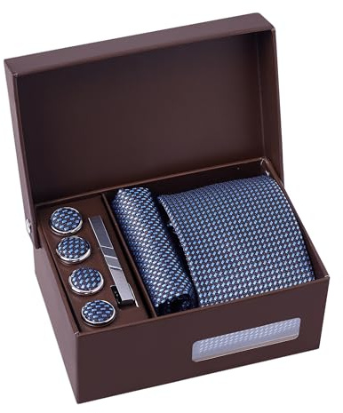 BRERA 67 conjunto de 5 accesorios hombre para traje elegante: corbatas de hombre con pañuelos, gemelos, pisacorbatas y cubre botones, caja regalo