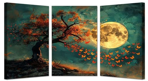 JOSUE 3 pezzi Albero Della Vita Quadri Astratto della luna dell'albero Quadri Su Tela,Arancione, oro Quadri Decorativo Soggiorno Salotto Cucina Ufficio-60x80cmx3 Incorniciato