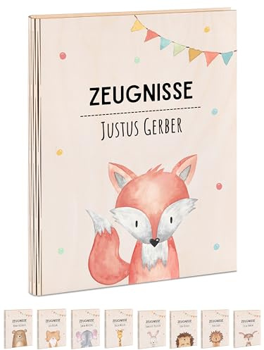 Wunderwunsch® - Personalisierte Holzzeugnismappe mit hochwertigem Spezial-Druck - Einschulung Geschenk für Jungen & Mädchen (Fuchs Girlande)