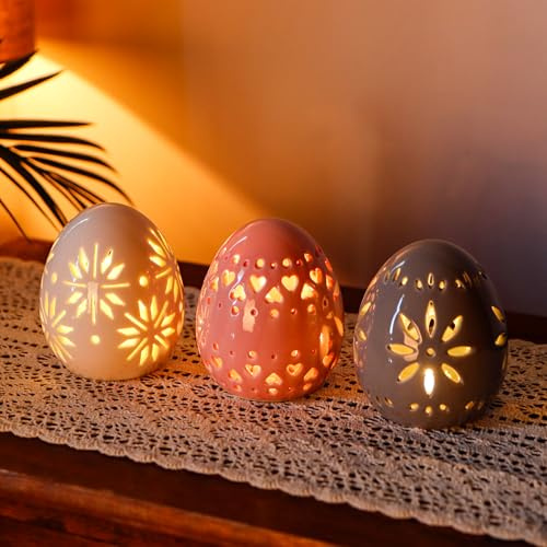 JHY DESIGN 3-pack Keramik Stämningsljus med LED-ljus Ägg