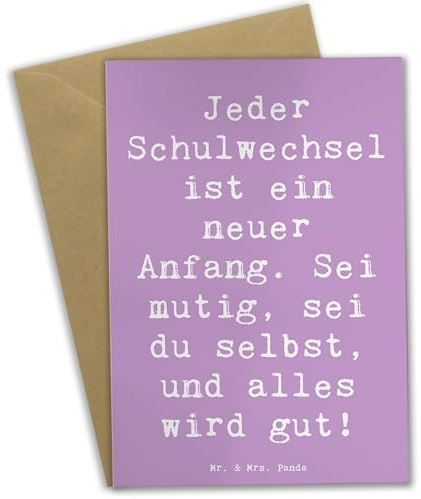 Mr. & Mrs. Panda Klappkarte Spruch Einen Schulwechsel bewältigen - Geschenk, Grußkarten, mutig sein, positive Veränderungen, Herausforderungen meistern, Vertrauem, hochzeitskarten, Lebenshilfe, Trost