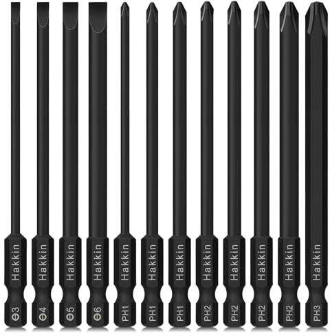 Hakkin 12Pcs 100mm Magnetic Flat Slotted Phillips Cross Head Screwdriver Bit Set S2 Steel 1/4” Hex Shank for Impact Power Tool SL3 SL4 SL5 SL6 PH1 PH2 PH3