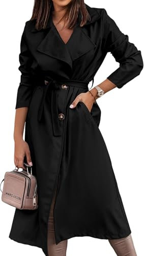 Trench da Donna Lungo Doppio Petto Primavera Autunno Moda Classico Risvolto Cappotto Capispalla con Cintura (Nero,XL)