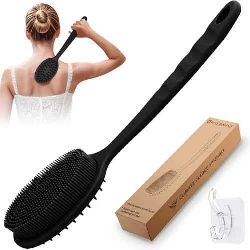 GEENOA Limpiador de espalda para ducha, limpiador corporal de silicona suave, esponja de silicona suave con asa, cepillo de baño con cabezal de cepillo desmontable (negro)