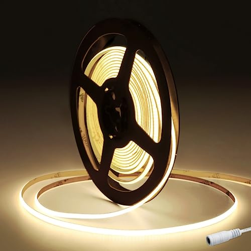 JBdusn 12V COB LED-remsa 4000K, 5m flexibel högdensitets 5mm bred lysrör ljusband 320LED/m klippbar ljustejp självhäftande för sovrum och kök gör-det-själv-belysningsprojekt (utan strömförsörjning)