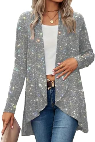 shownicer Veste de Noël à Paillettes Femmes Chic Sequin Veste Ouverte sur Le Devant Elegant Manches Longues Glitter Party Brillant Cardigan Manteau A Argenté XL