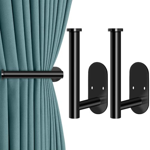 MGahyi Curtain Tiebacks, 2pcs Adhesive and Screw-in Curtain Holdbacks Curtain Holders for Wall Mounted Curtain Pull Backs, Black Adhesive Curtain Hooks for Drapes