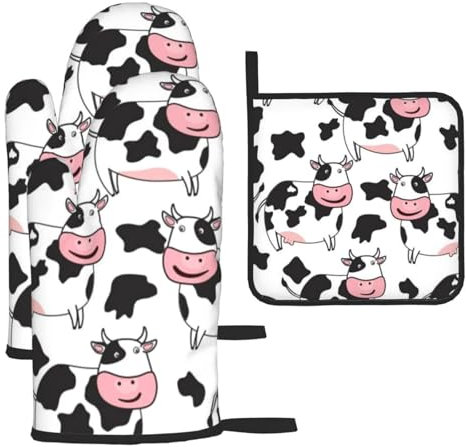 Modello di mucca divertente,Guanti da cucina Guanti da forno antiscivolo Resistenti al calore Set da tre pezzi Guanti da forno e presine