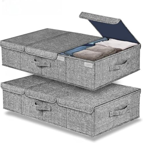 QIHANS 2 Stück Faltbare Unterbett Aufbewahrungsbox mit Deckel, 45L Bettkasten Aufbewahrung mit Griff, Organizer für Kleidung und Decken, 14.5CM Hoch (81x 40 x14.5 cm)