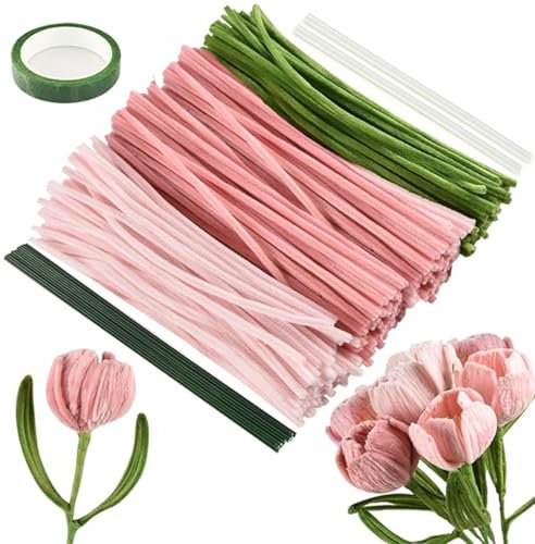 Pfeifenreiniger Blumen 300 Stück Pfeifenreiniger Blumenstrauß Set Bastelbedarf Tulpenstrauß Set Pipe Cleaner Flower Set Blumen Staubblatt für Blumenstrauß DIY, Hochzeitsgeschenk, Urlaubsdekoration