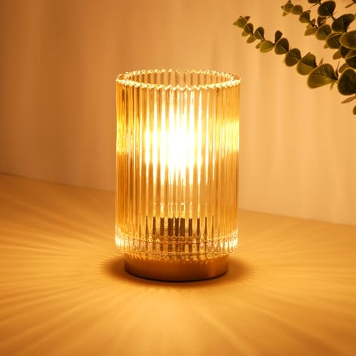 Mirasium Battery Operated Lamp, Cordless Table Lamp with Timer, Desk Bedside Lamps with LED Warm Light, Glass Small Table Lamp for Bedroom, Bathroom, Living Room, Home Decor - Amber