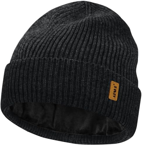ATNKE Unisex stickad beanie-mössa, stretchig tjock varm fleece fodrad till vardags, vinter, mjuk med manschetter, ullig dödskallemössa present för män fäder och kvinnor, Mörkgrå, one size