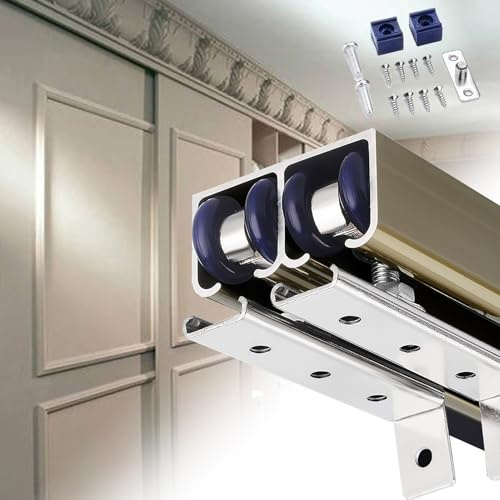 EXCLURA Schiebetür Schiene Doppelschiebetürschiene 61 71 91 122 cm, Schrankschiebetürschienen mit Rädern, Bypass-Scheunentor-Hardware-Kit Aluminiumschiene, Schiebetürschiene(Champagne,1.0m/3.3ft)