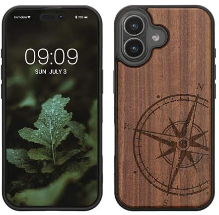 kwmobile Hülle kompatibel mit iPhone 17 Hülle - Holz Case - Handy Cover - TPU Handyhülle in Dunkelbraun Kompass Vintage