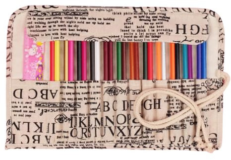 Pencil Roll Canvas Pen Curtain Wave Newspaper Letter Painting Tool Storage Bag Large Capacity Roll Pencil Case-Alphabet Newspaper-18+1 Holes