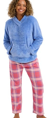 Indigo Sky Womens Lizzie Cosy Fleece Top Pyjama Set – Soft Loungewear with Printed Brushed Cotton Pants & Fleece Long-Sleeve Top, Blue, 16-18