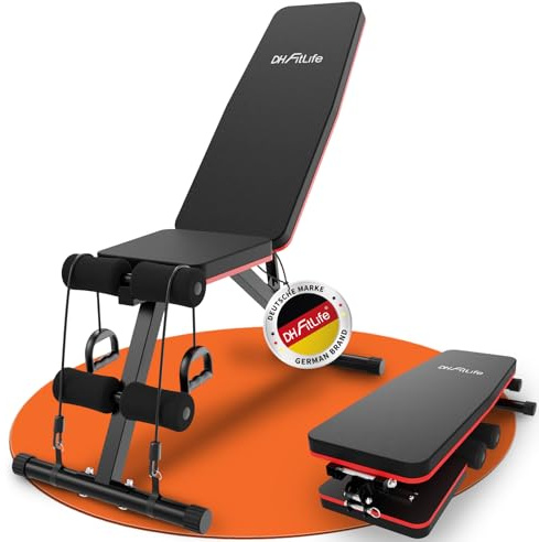 DH FitLife Klappbare 8 in 1 Hantelbank | 80% Platzsparend Trainingsbank für Ganzkörpertraining Zuhause | Verstellbare Fitnessbank & Schrägbank, Bauchmuskeltrainer für Home Gym