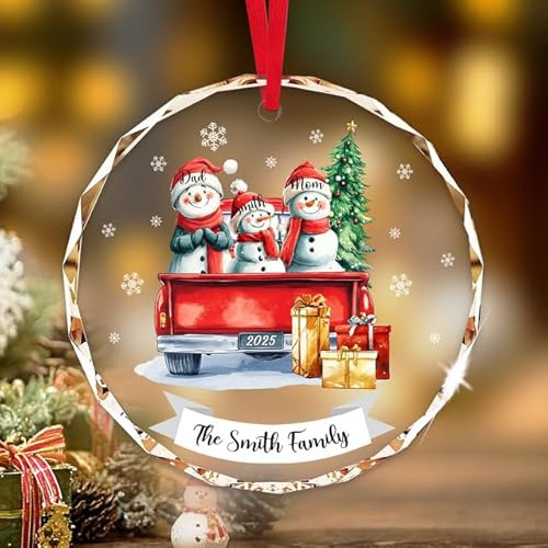 Personalisierte Weihnachtskugel mit Namen - Familie von 2,3,4,5,6,7,8 Schneemann, Roter Lastwagen, Geschenk aus Glas, Christbaumkugeln Personalisiert