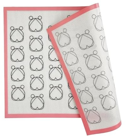 2pcs Silicone Macaron Baking Mat, Non-Stick Heart Pattern Template, 16.53 x 11.61 Inch, Pink Border, 0.7mm Thick, Professional Pastry Sheet