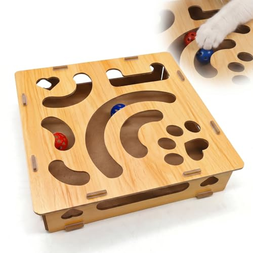 Katyjun intelligenzspielzeug für Katzen Geschlossenes Holz-Labyrinth gegen Ballverlust fummelbrett für Wohnungskatzen zur mentalen Stimulation interaktives katzenspielzeug 28.5x28.5x7cm