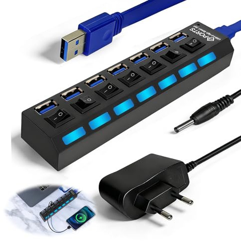 Hub USB 3.0+2.0 Alimentado de 7 Puertos Concentrador con Interruptores de Encendido LED Individuales, Divisor Hub con Cable y Adaptador de Corriente 5V 1A para Portátil PC M-acBook Ordenador (0,4 m)