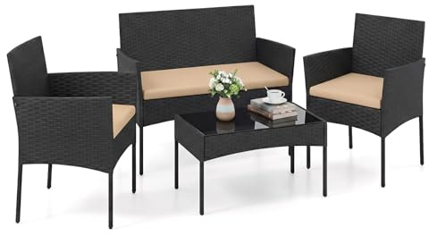 COSTWAY Rattan trädgårdsmöbelset, utomhusloungemöbler, balkongmöbler för liten balkong, sittgrupp med 2 stolar, bänk, bord & kuddar, sittgarnitur, terrassmöbler, trädgårdsgarnitur (Khaki)